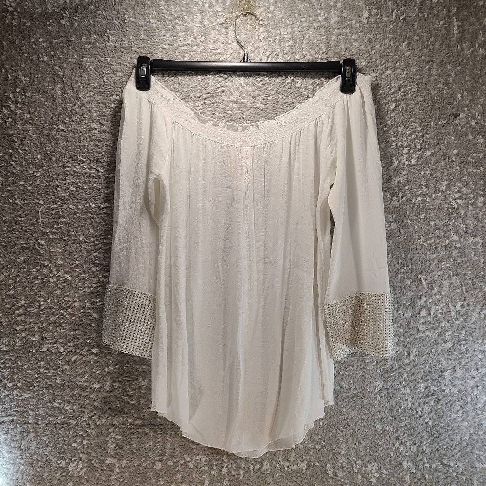 Muche Muchette Women's O/S Off the Shoulder White Blouse Beaded Sleeve Polyester